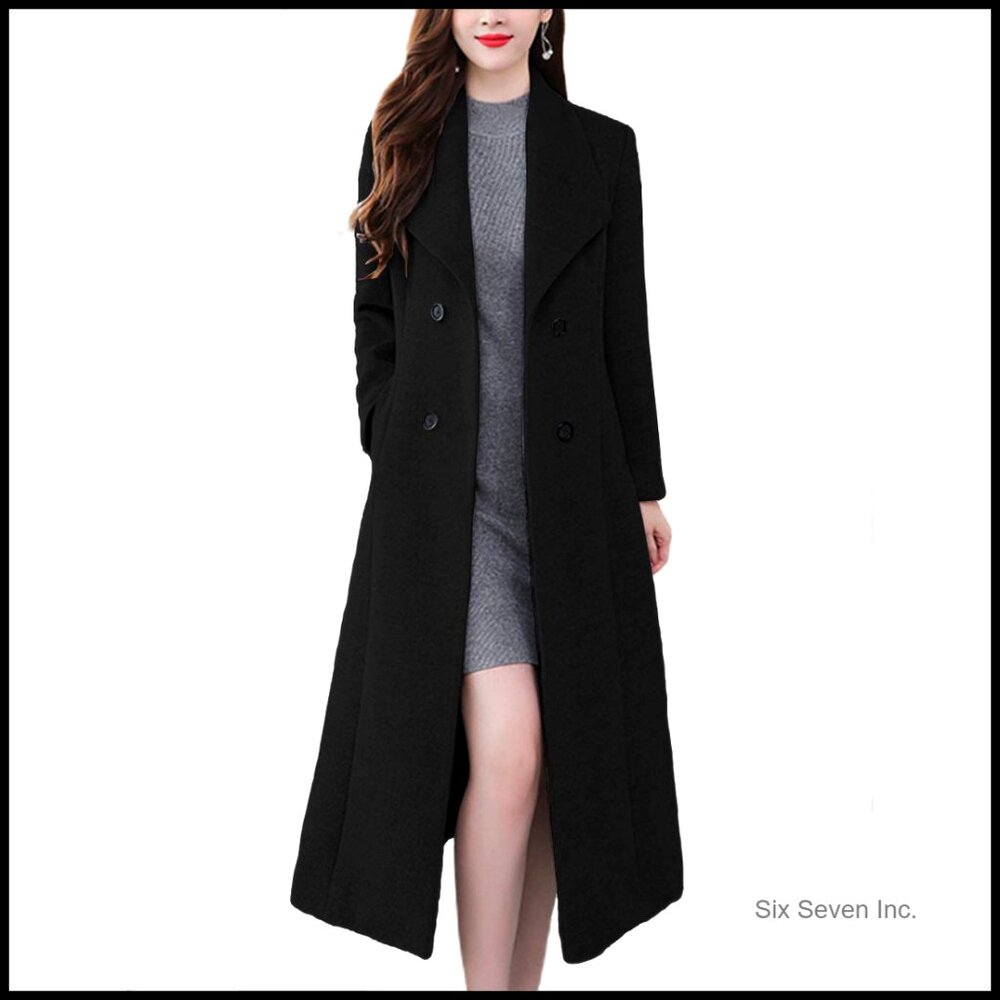 Wool Blend Pea Coat Shawl Collar Double Breasted Winter Trench Coat